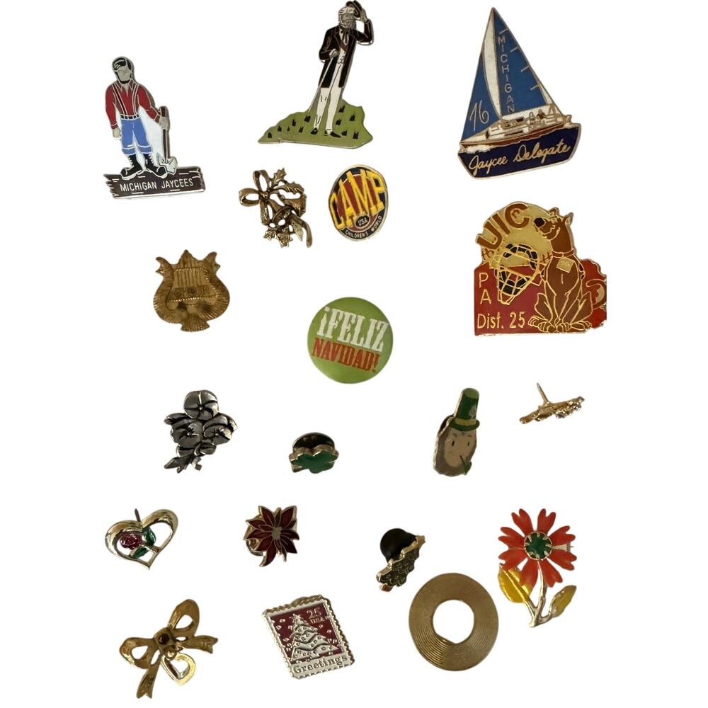 Vintage Assorted Lot (19) Of Pins Christmas, Irish, Flowers, and Jaycees